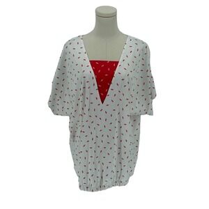 The French Quarter by G Bennett White Red Geometric Print V Neck Blouse (Est 2X)